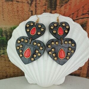 Red Stone Brassy Gold Studded Black Leather DBL Drop Super Cool Heart Earrings